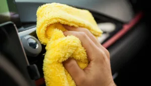 Microfiber car towel for auto detailing and cleaning.